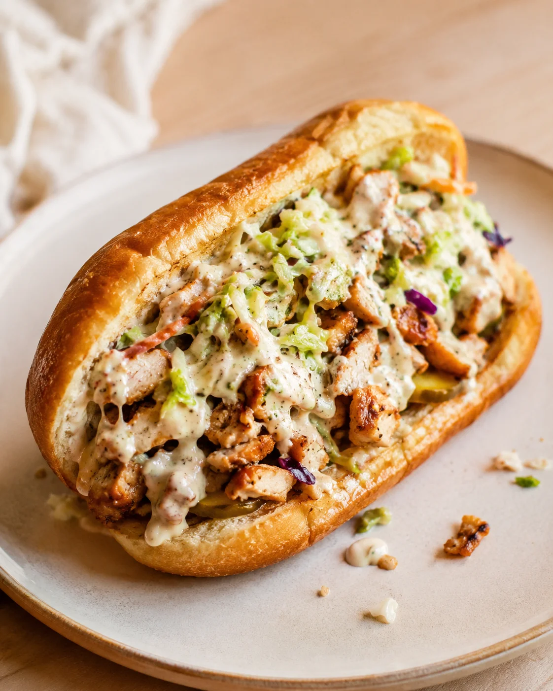 crusty baguette sandwich filled with creamy chicken salad and crisp vegetables on a plate