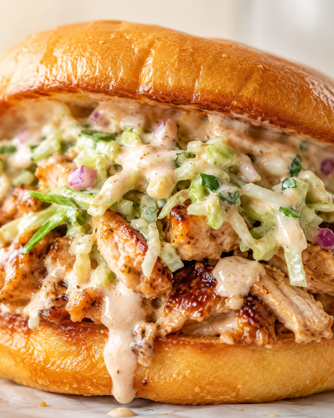 close-up of a glossy brioche bun sandwich filled with creamy chicken slaw and grilled chicken pieces.