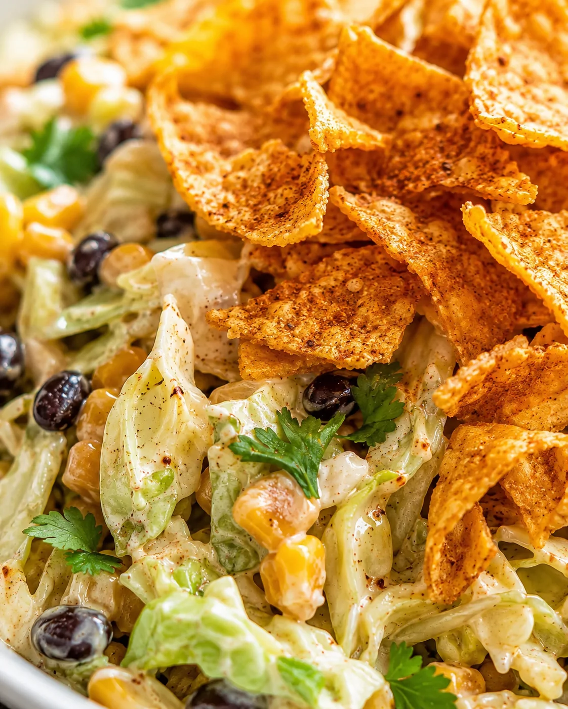 Close-up of creamy corn-and-black-bean salad topped with crispy seasoned tortilla chips.