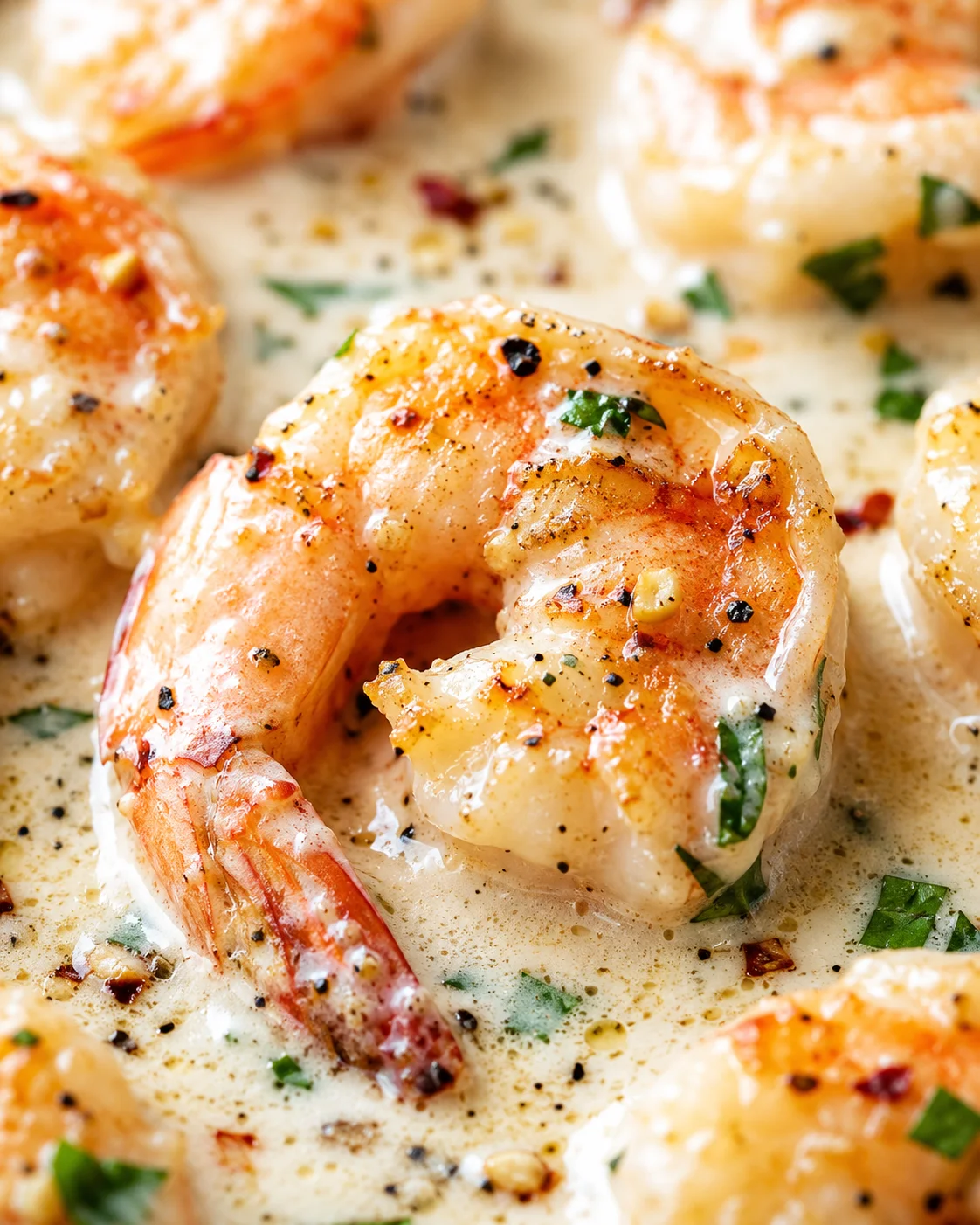 Close-up of plump shrimp in creamy garlic butter sauce with parsley.