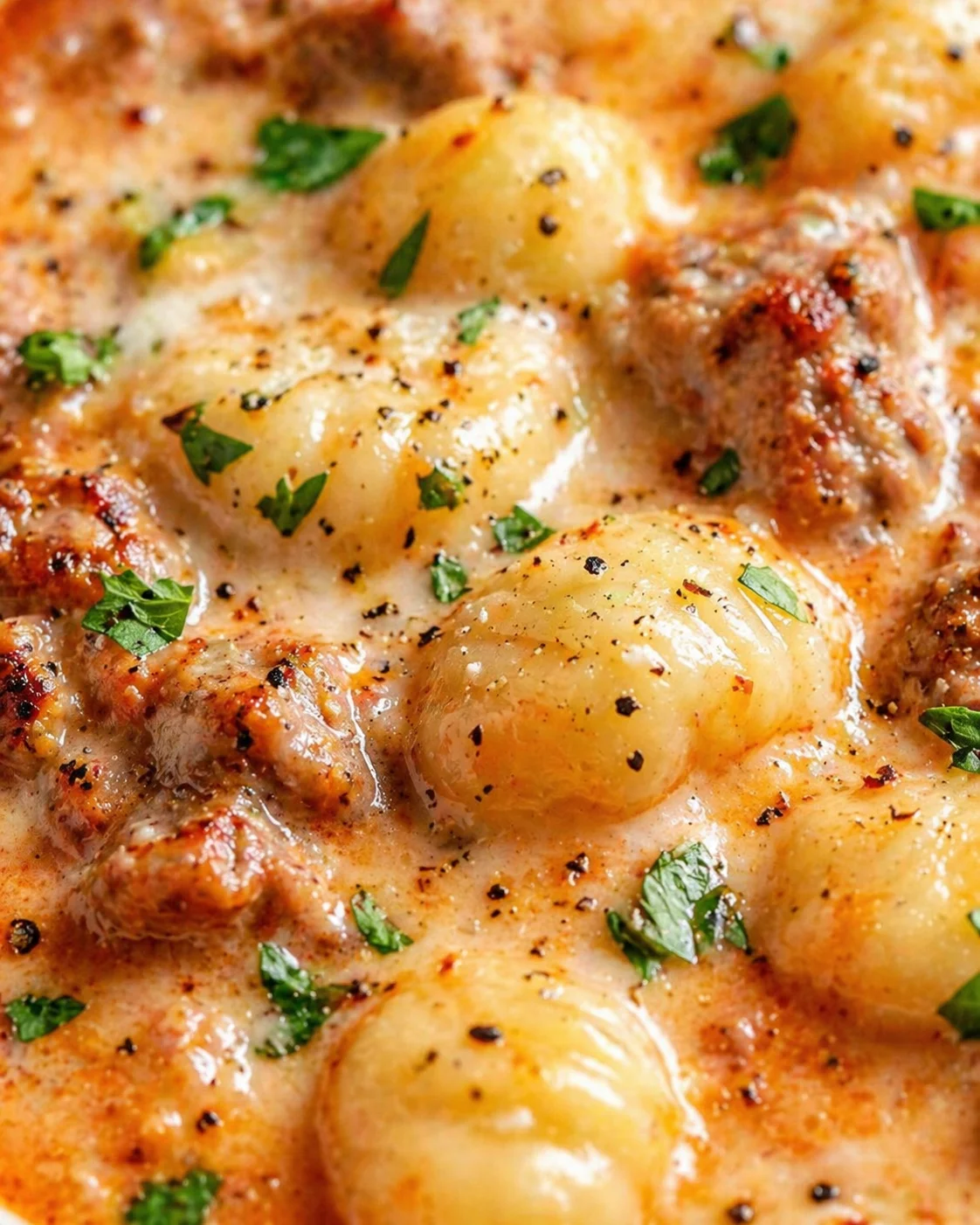 Close-up of golden gnocchi in a creamy cheese sauce, garnished with chopped parsley.