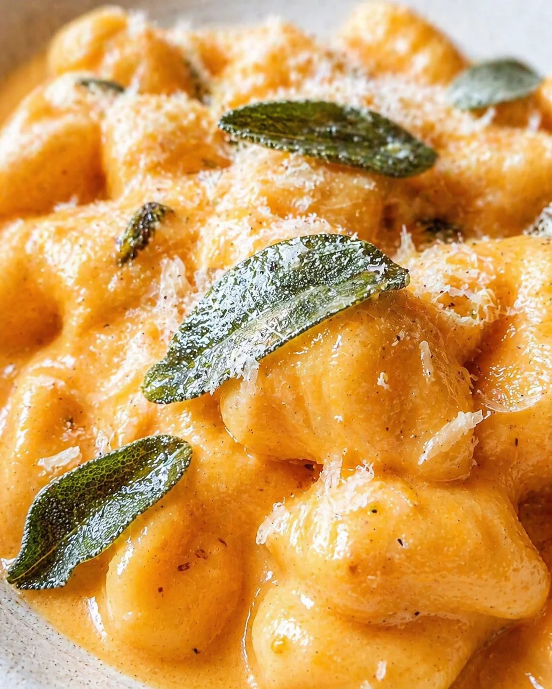 close-up of fluffy gnocchi in orange creamy sauce, sprinkled with Parmesan and fresh sage leaves.
