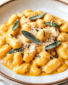 Creamy orange gnocchi with fresh sage on a speckled plate.