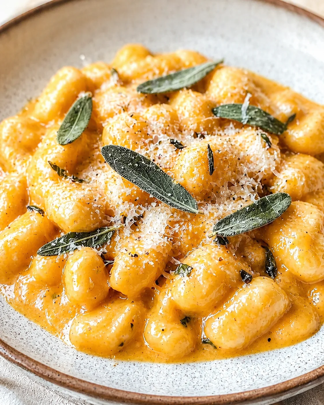 Creamy orange gnocchi with fresh sage on a speckled plate.
