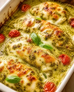 Golden-brown chicken pieces loaded with green herb sauce, cherry tomatoes, and fresh basil in a white baking dish.