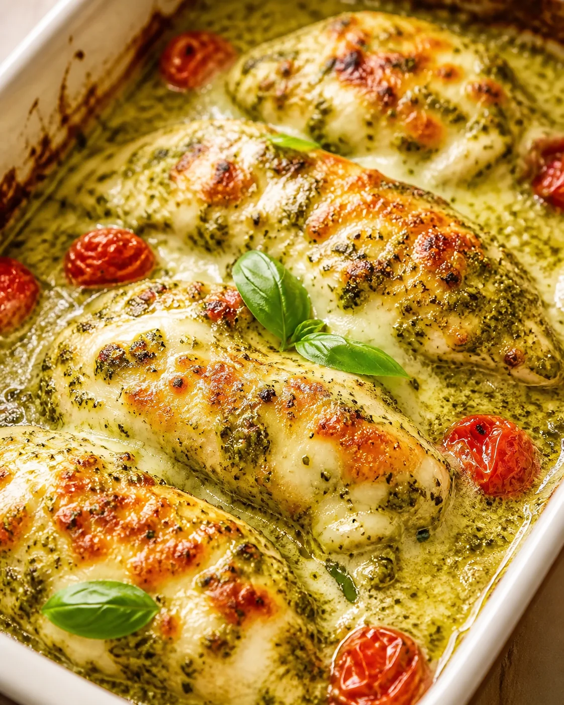 Golden-brown chicken pieces loaded with green herb sauce, cherry tomatoes, and fresh basil in a white baking dish.