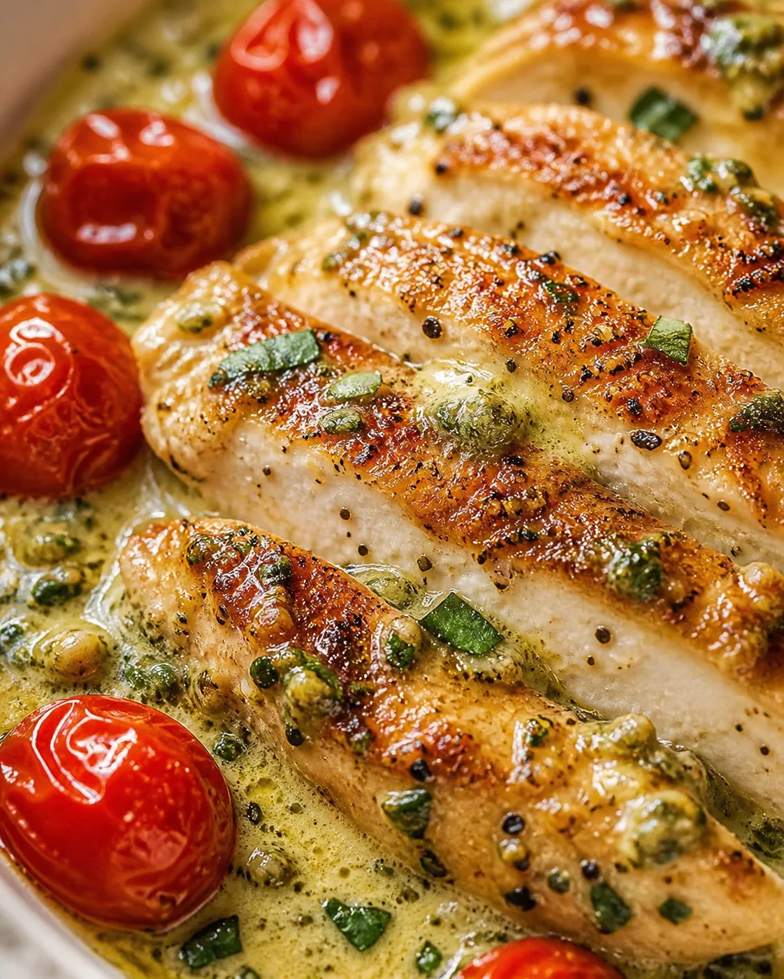 close-up of golden chicken in creamy herb sauce with cherry tomatoes