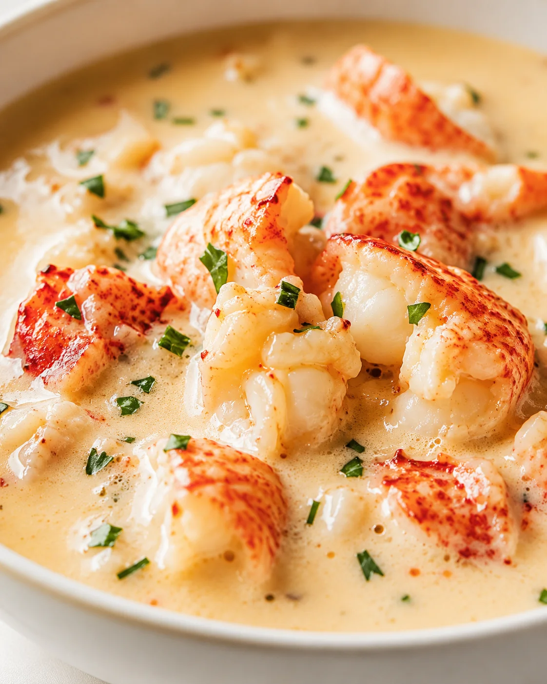 Lobster pieces in a creamy sauce, sprinkled with chopped parsley.