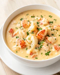 white bowl of creamy lobster chowder with chunks of lobster and parsley