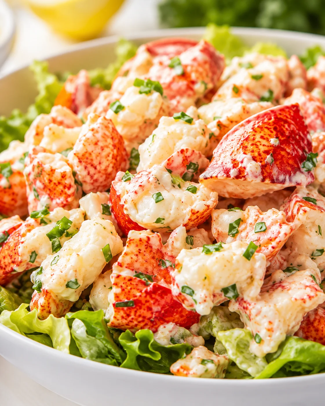 Lobster chunks coated in creamy herb dressing on a bed of green lettuce in a white bowl