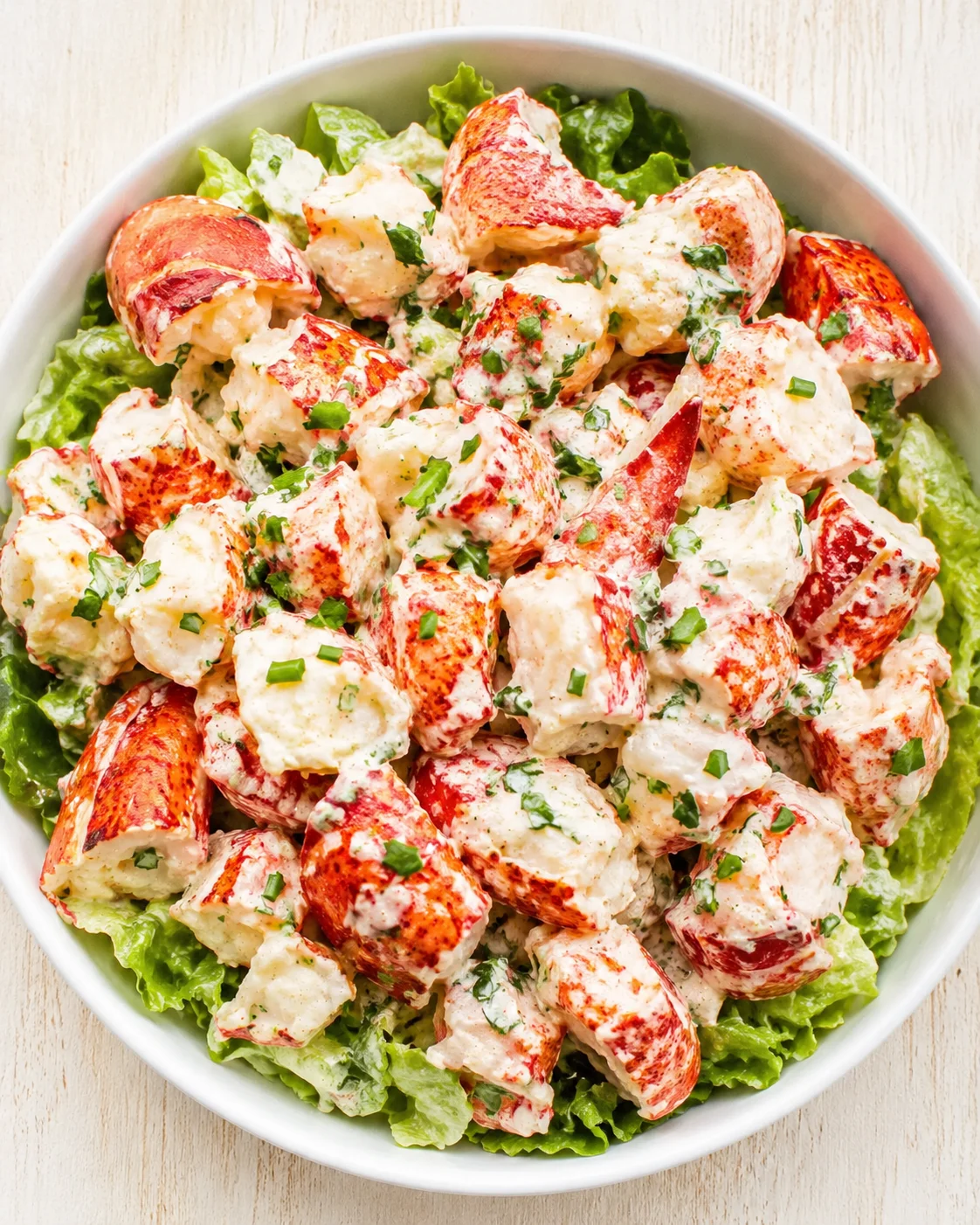 bowl of lobster salad with creamy dressing on a bed of crisp green lettuce