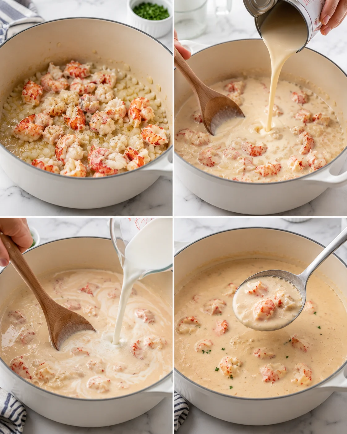four-panel collage showing lobster chunks being cooked and cream poured for a creamy lobster sauce