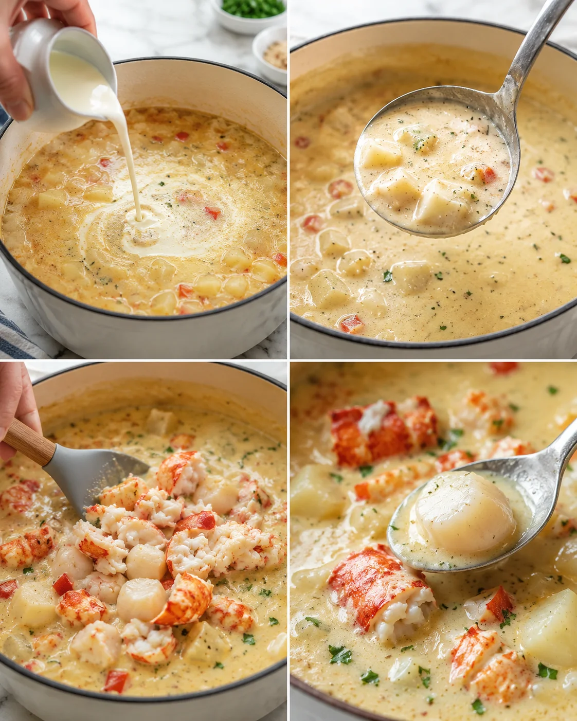 collage of creamy lobster soup in a white pot with potatoes and red peppers.