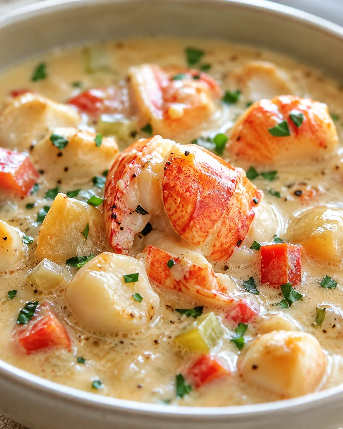 Close-up of lobster pieces in creamy soup with potatoes, peppers, and parsley in a pot.