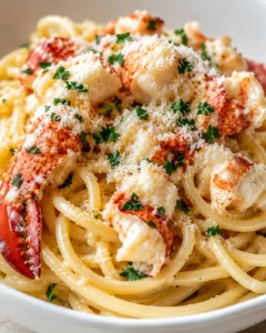 Creamy lobster spaghetti with tender lobster chunks, parmesan shavings, and fresh parsley.
