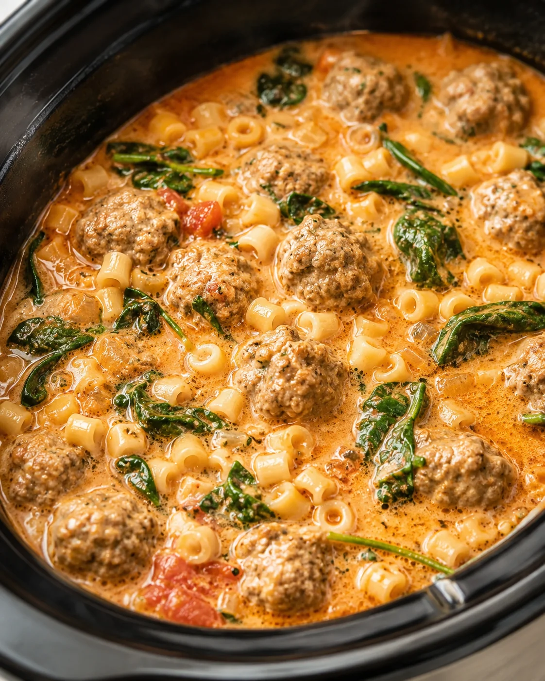 close-up of meatballs simmering in creamy orange sauce with pasta and wilted spinach in a crockpot