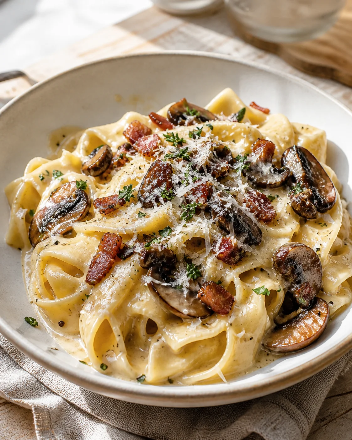 creamy fettuccine pasta with browned mushrooms and crispy bacon in a shallow bowl