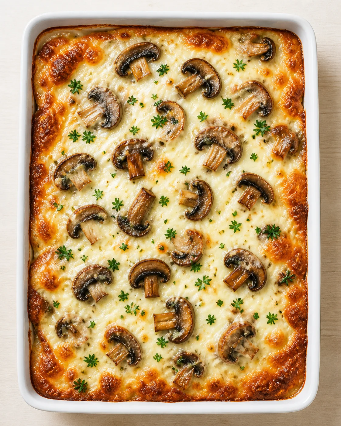 rectangular white baking dish with melted cheese and sliced mushrooms on a light wood table