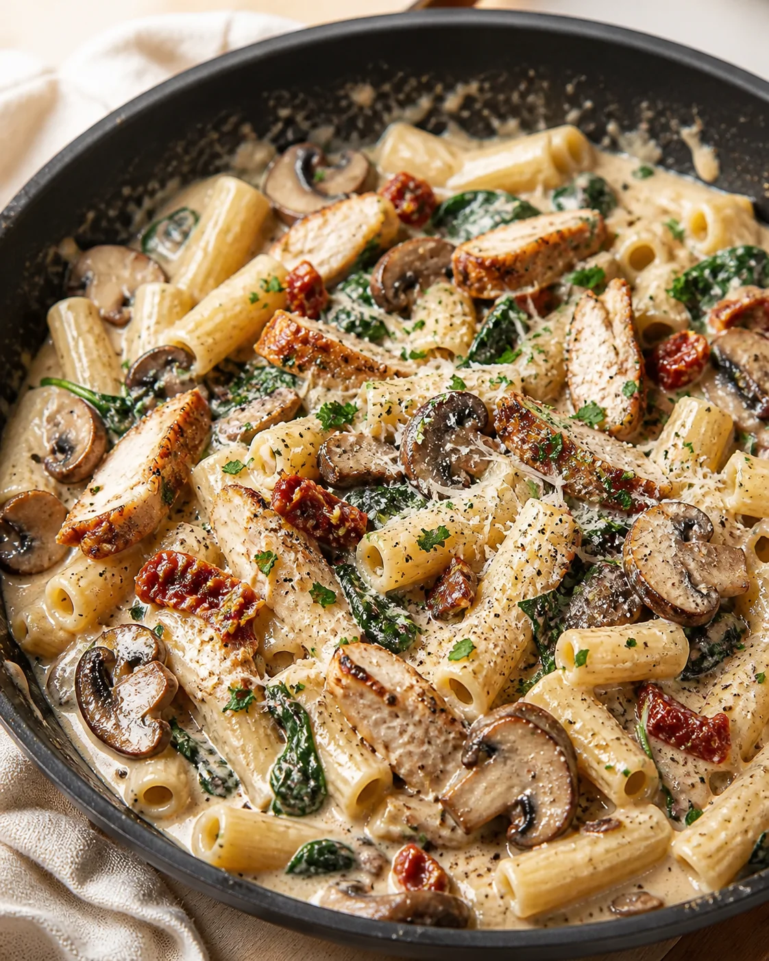 Creamy pasta with chicken, mushrooms, spinach, and sun-dried tomatoes in a skillet.