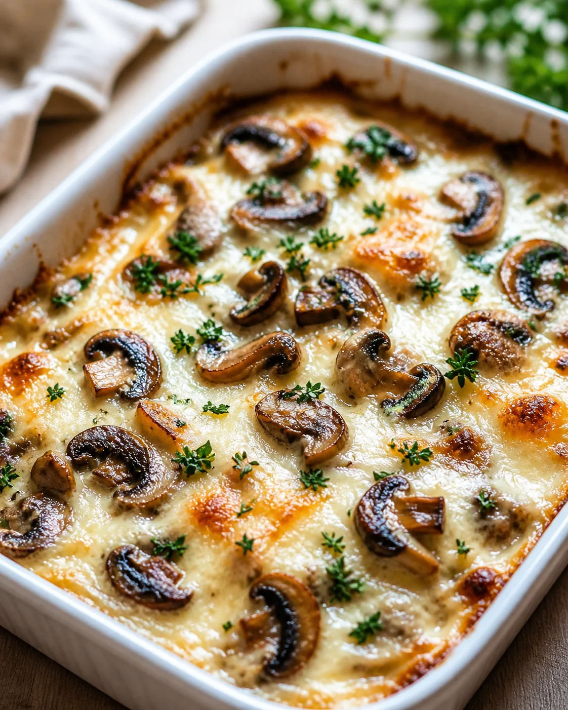 Creamy mushroom gratin in a white baking dish with melted cheese and parsley