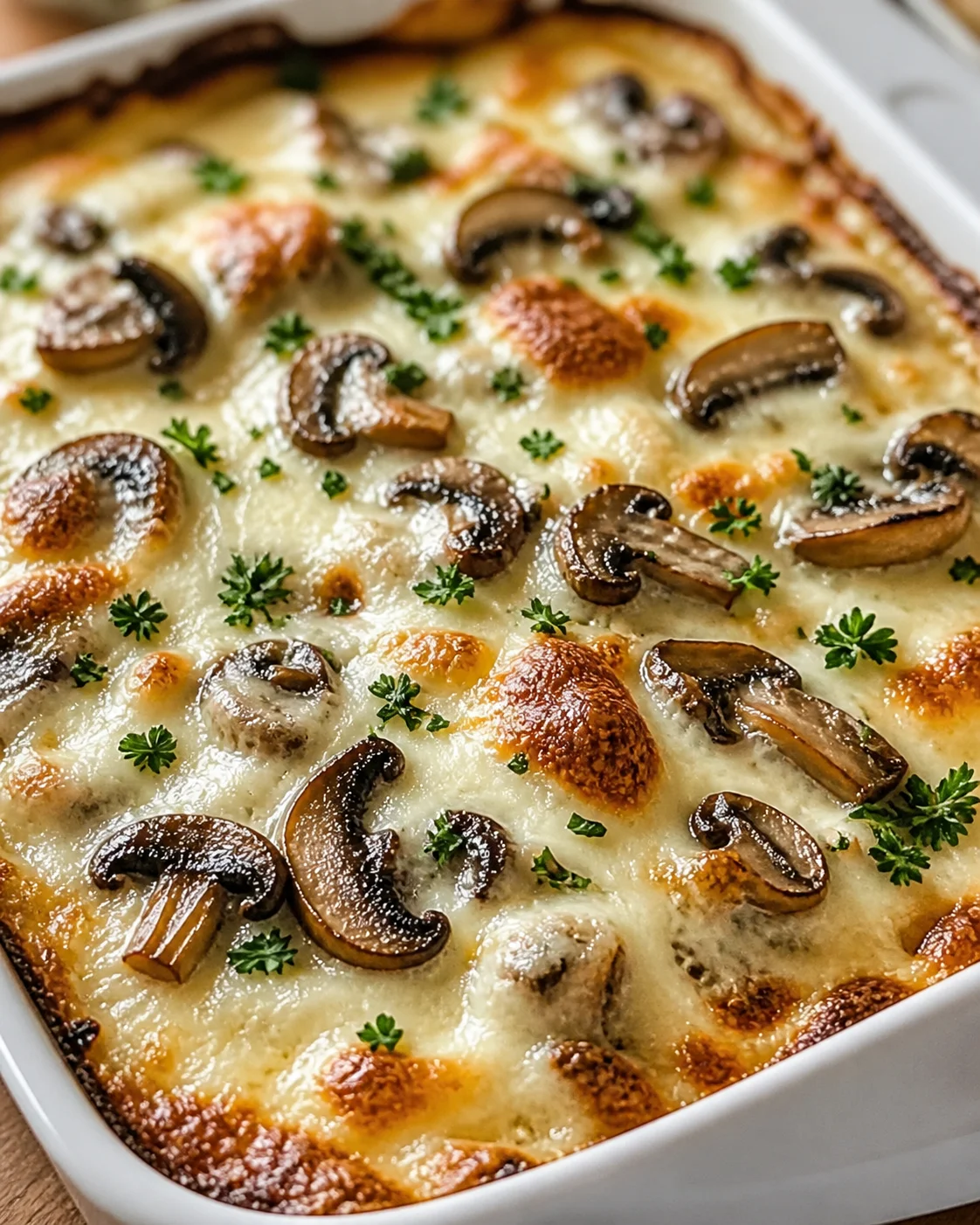baked creamy mushroom gratin topped with parsley in a white baking dish
