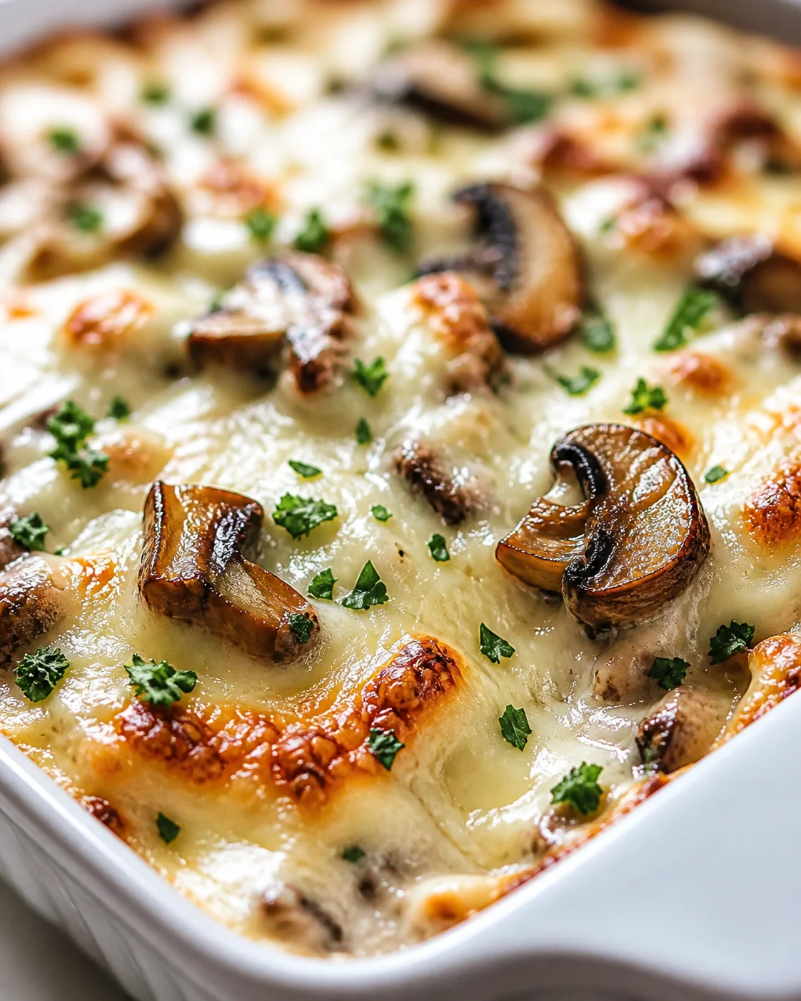 Close-up of bubbling cheese-topped mushroom gratin in a white baking dish.