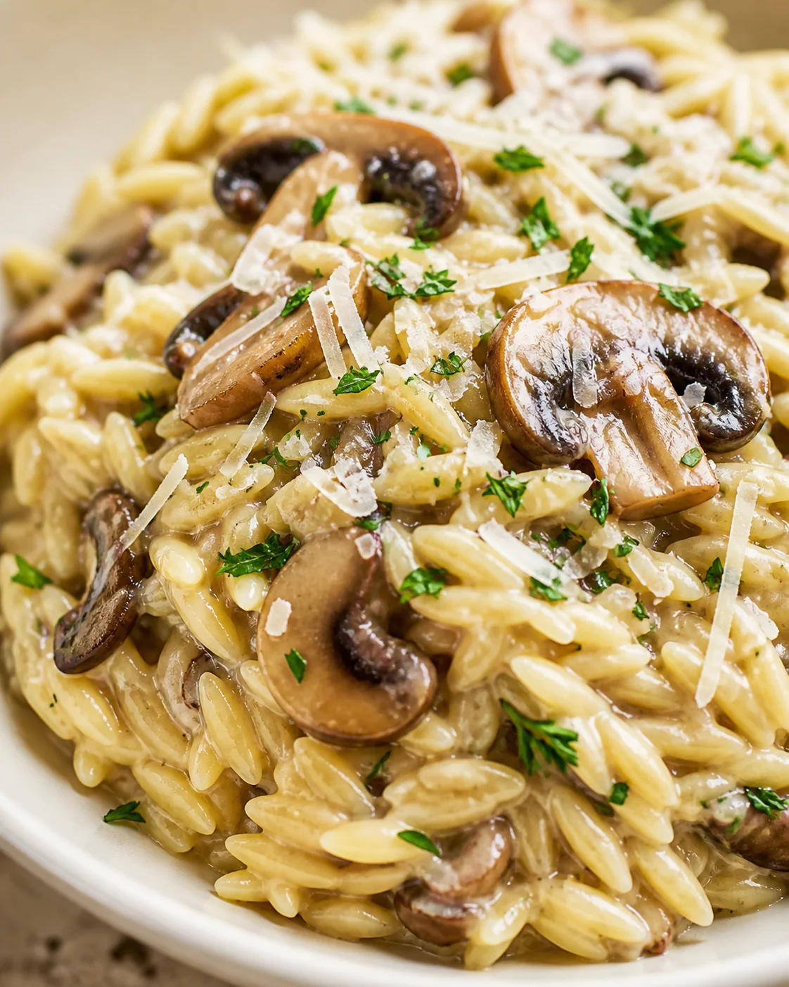 close-up of creamy mushroom pasta with parmesan shavings and parsley on a white plate