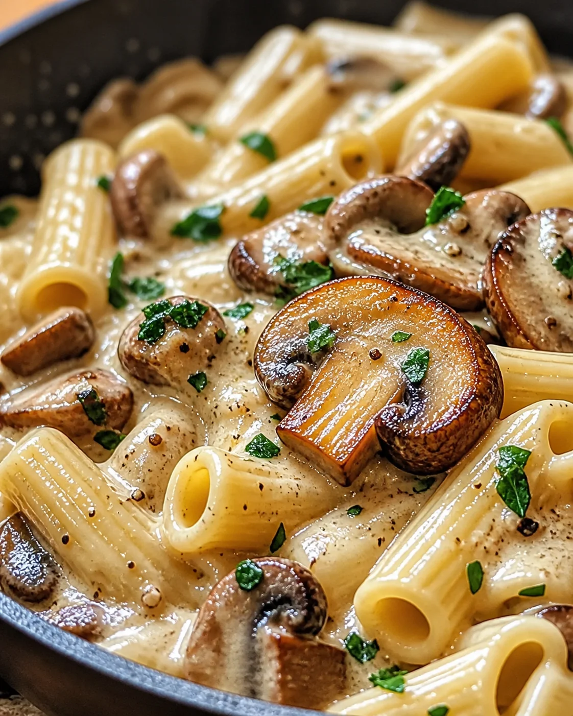 creamy mushroom pasta with rigatoni and parsley in a skillet