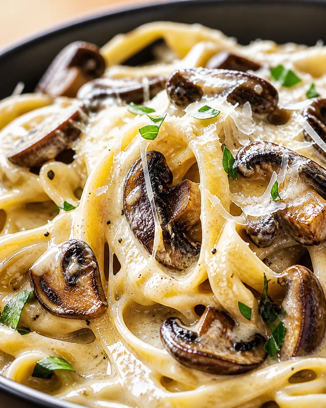 Close-up of creamy mushroom fettuccine pasta with parmesan shavings in a dark skillet.