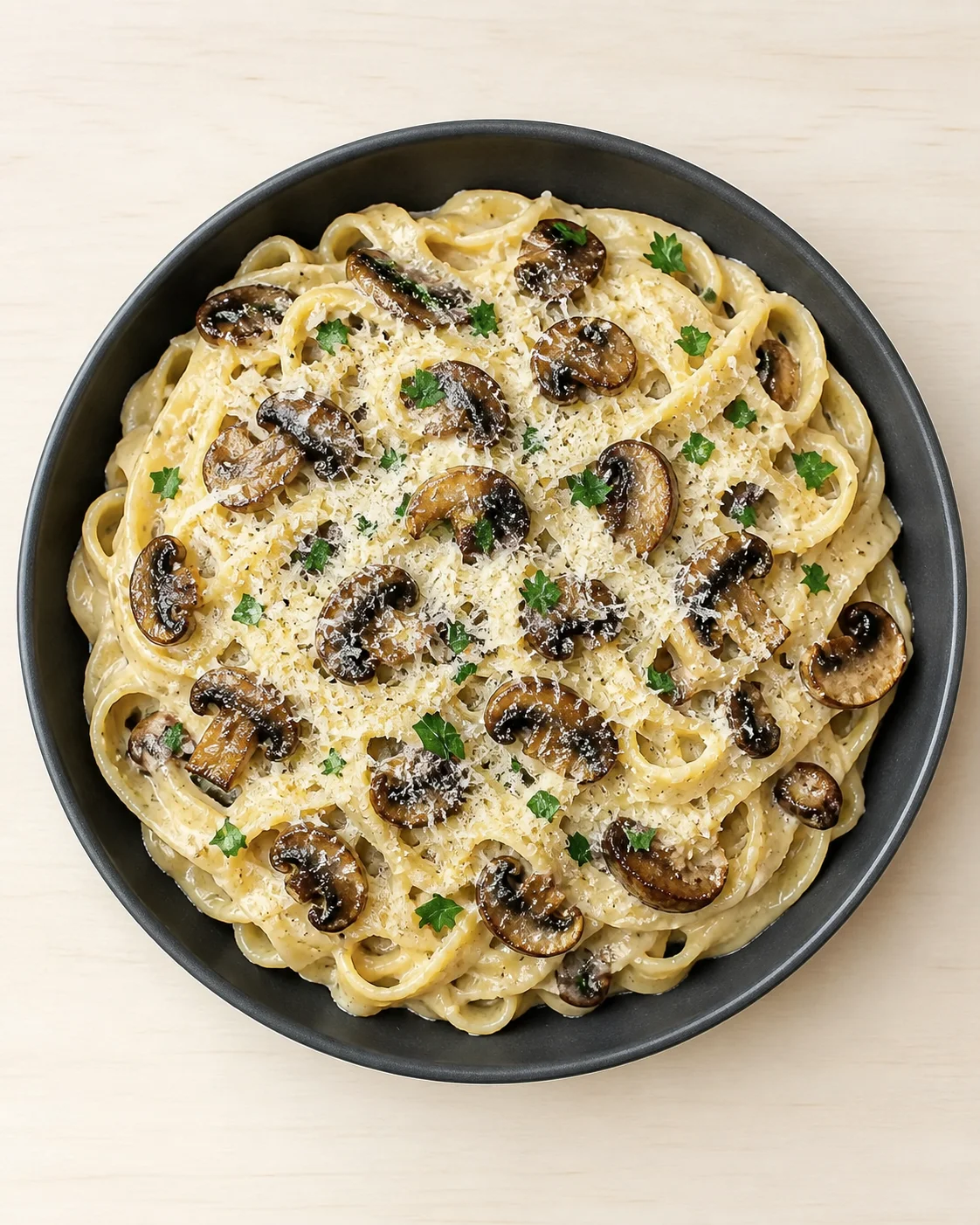 Creamy mushroom pasta in a dark bowl topped with grated cheese and parsley.
