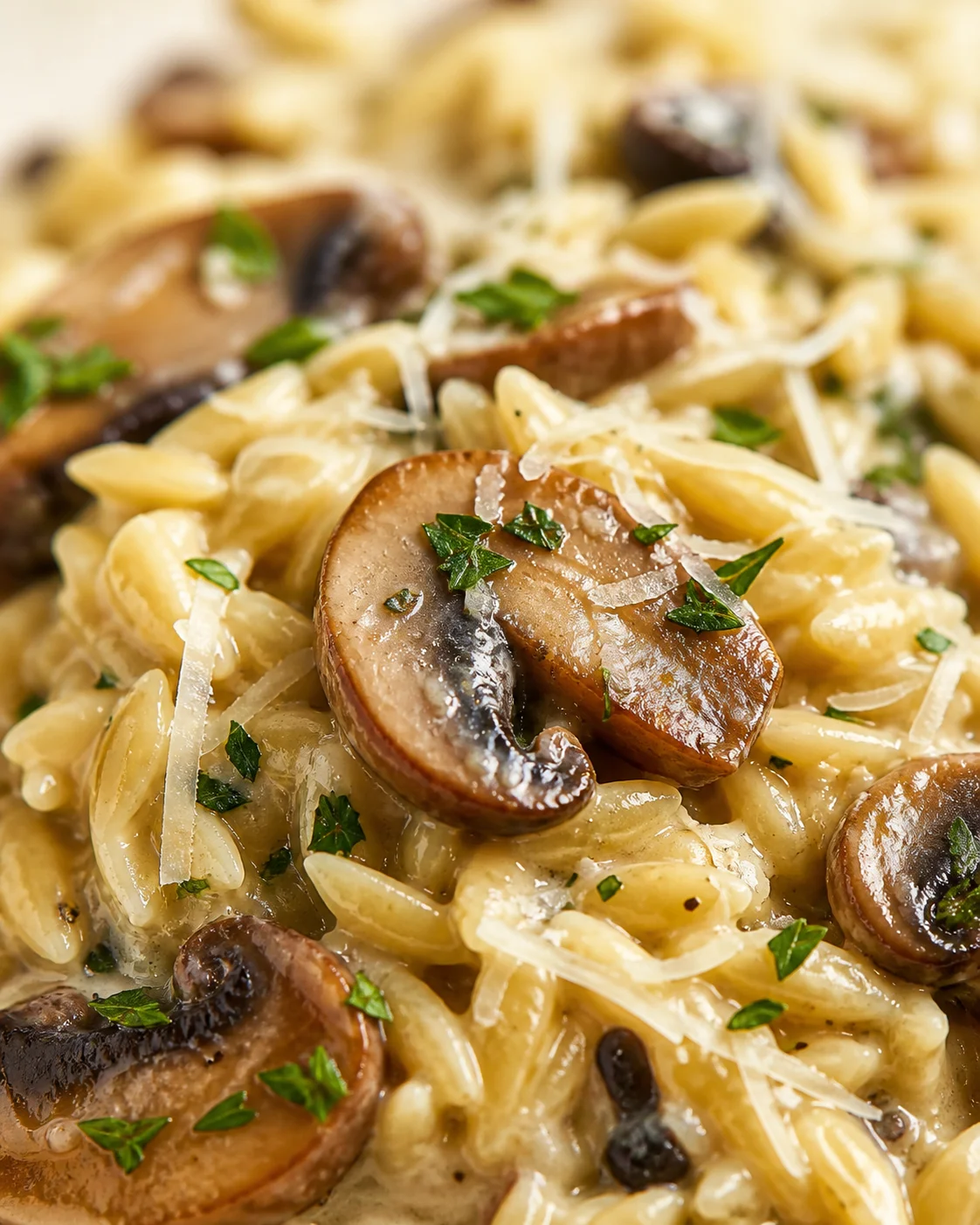 Creamy pasta with sautéed mushrooms, grated cheese, and chopped parsley in a rich sauce.