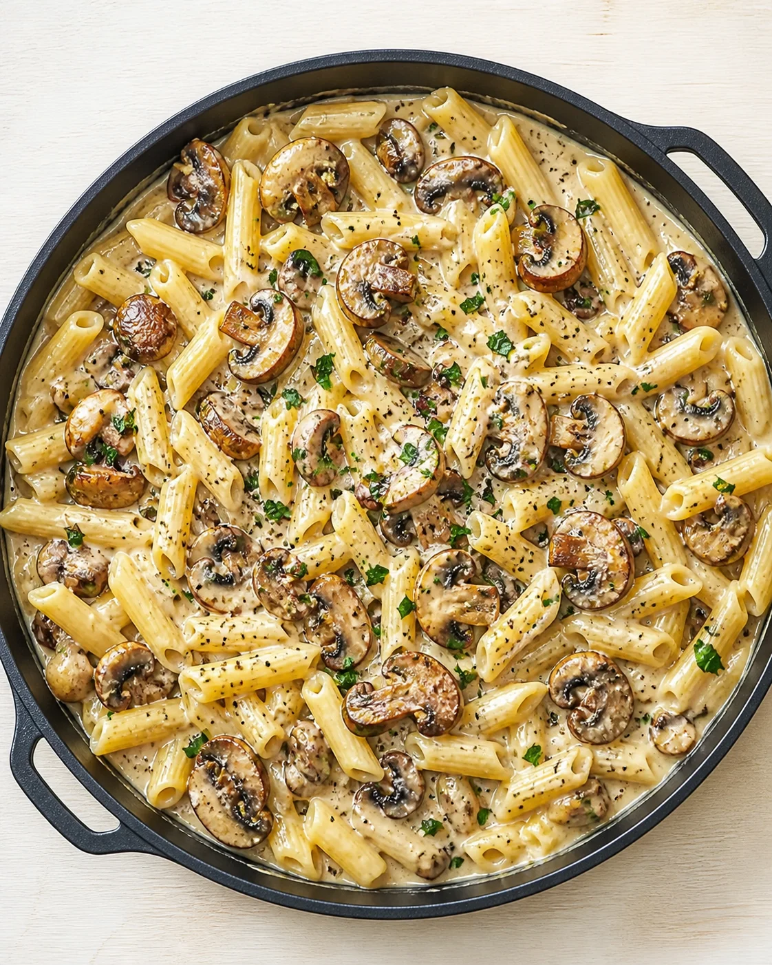 Top-down view of creamy mushroom pasta with penne and mushrooms in a skillet