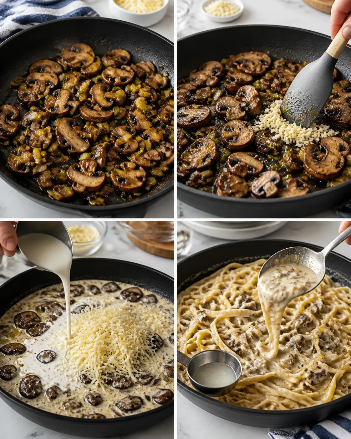 Collage showing four cooking steps: mushrooms sautéing, cheese added, milk poured, and creamy mushroom pasta.