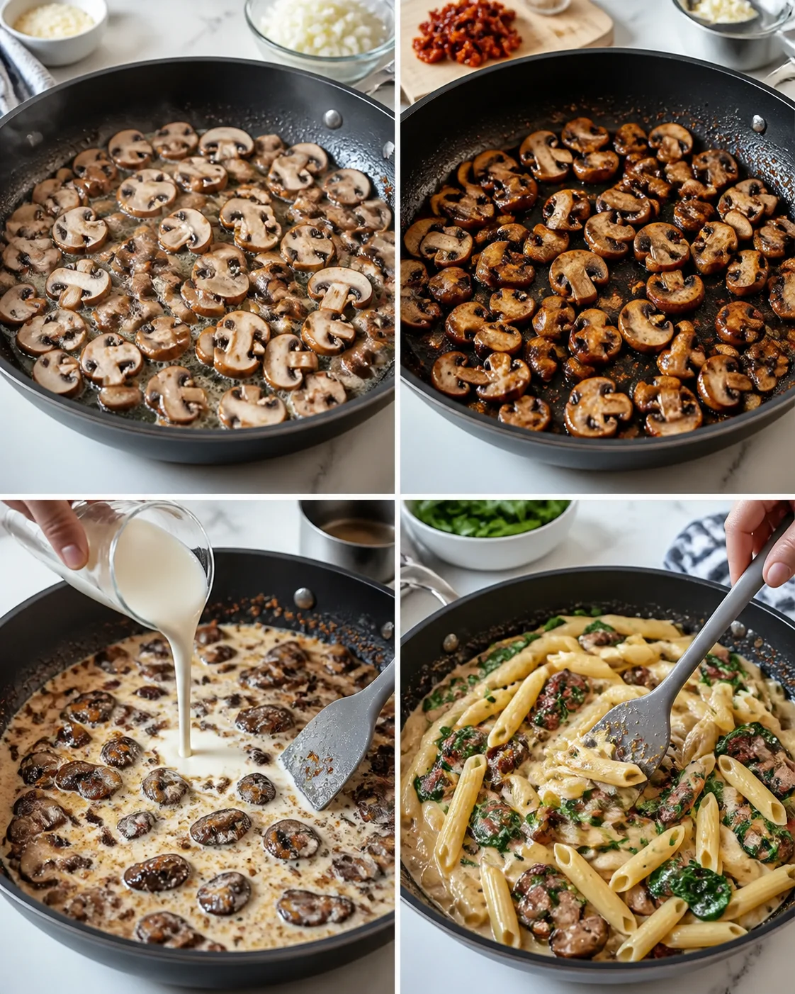 collage showing mushroom sauté, browning, cream poured, and penne pasta with creamy sauce