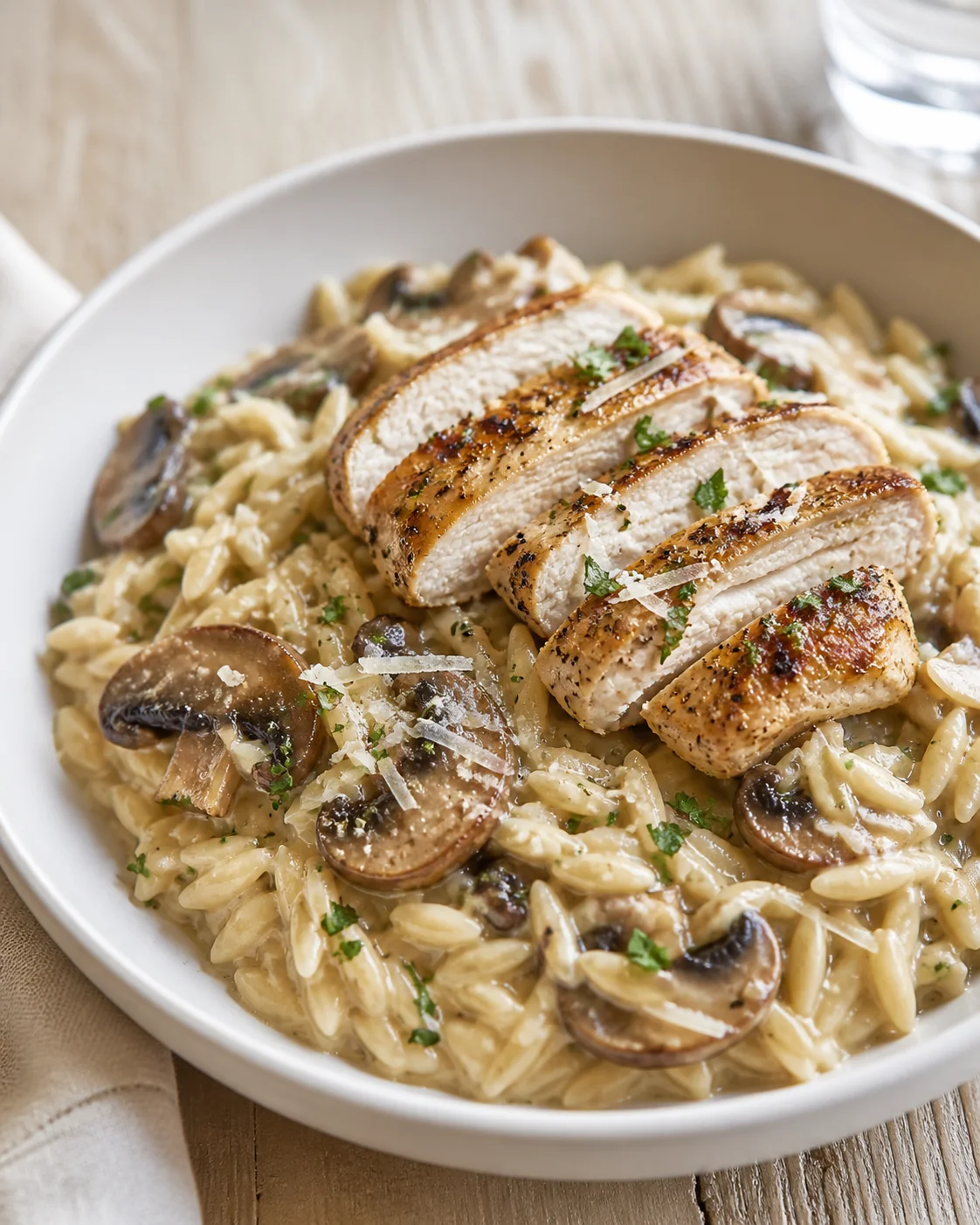 Creamy pasta with mushrooms topped by sliced, seared chicken breast in a white bowl.