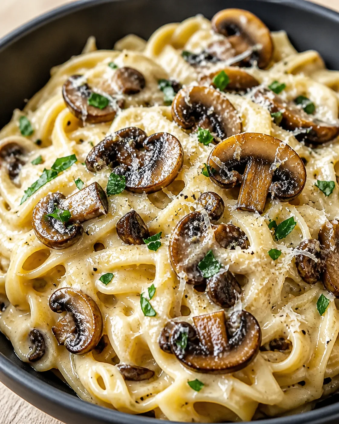 Creamy mushroom pasta with parmesan shavings in a black skillet.