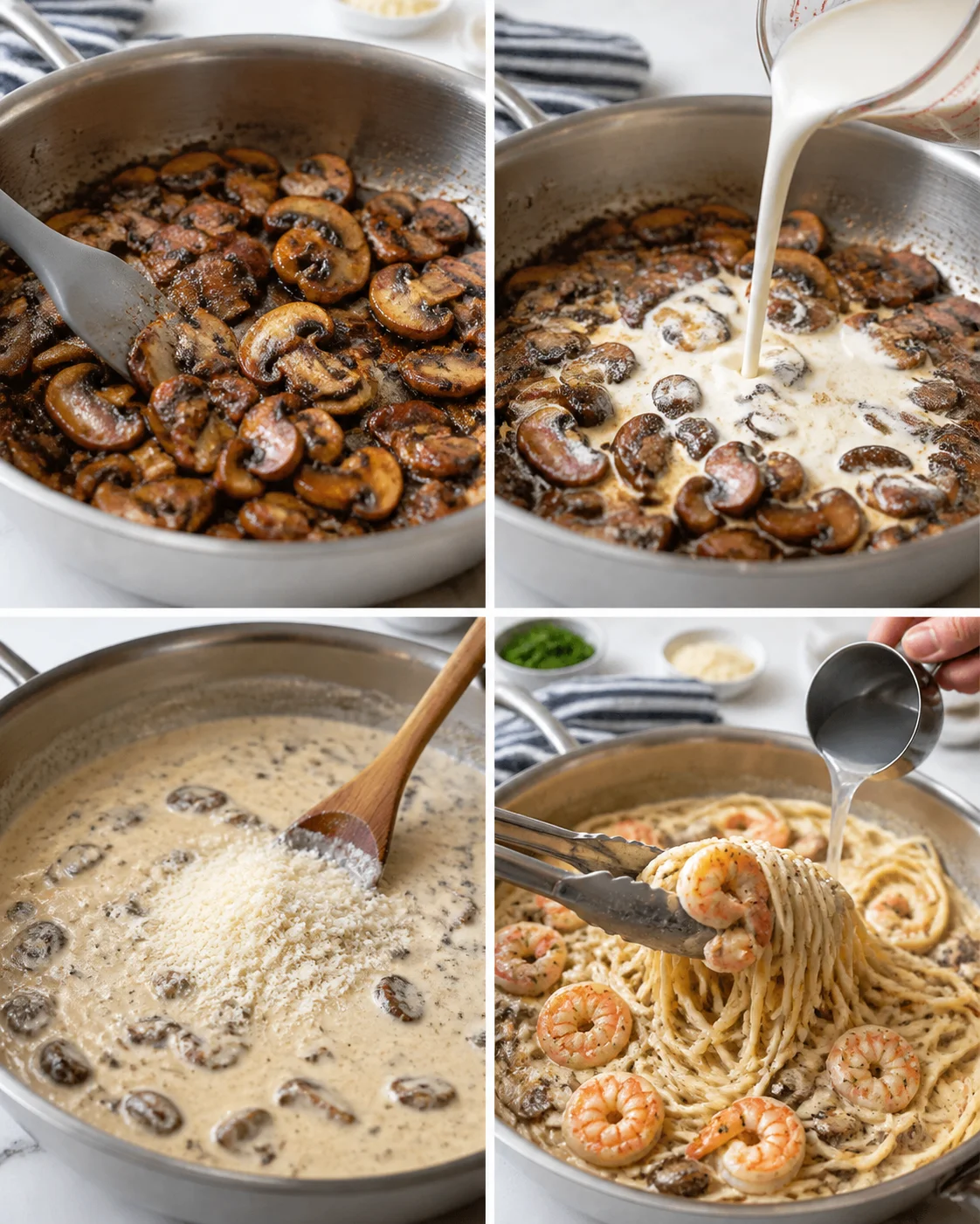 Four-panel collage of sautéed mushrooms, cream being poured, creamy mushroom sauce, and shrimp pasta in a skillet.