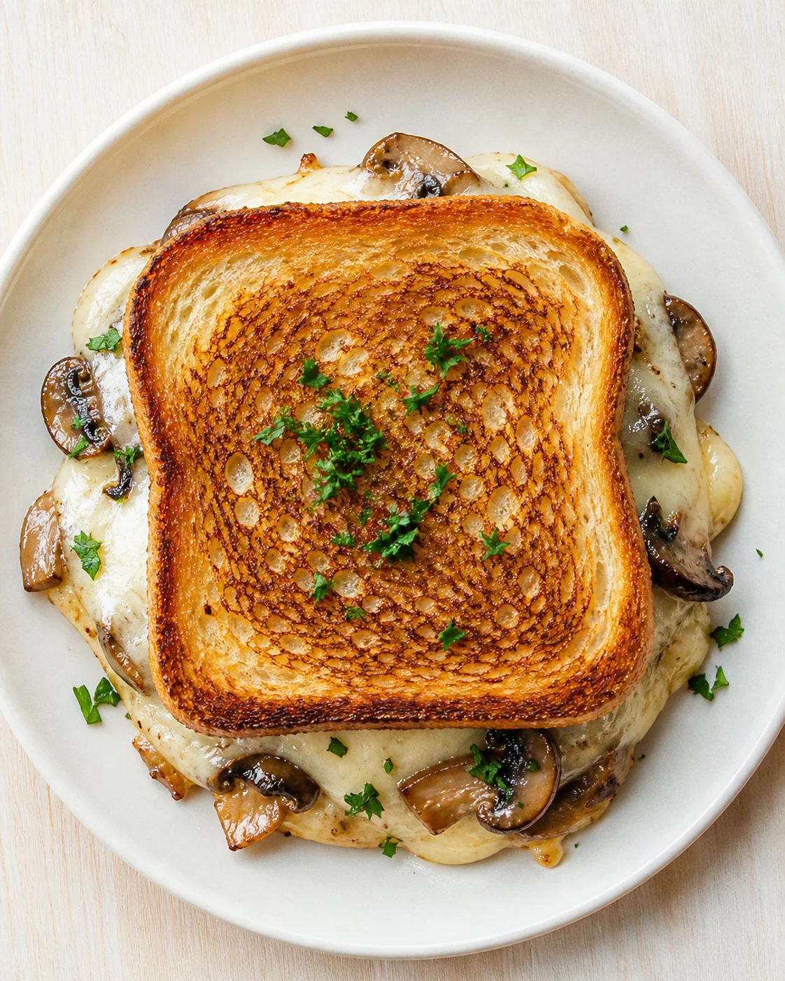 thick toasted sourdough slice atop creamy mushroom sauce, garnished with parsley on a white plate