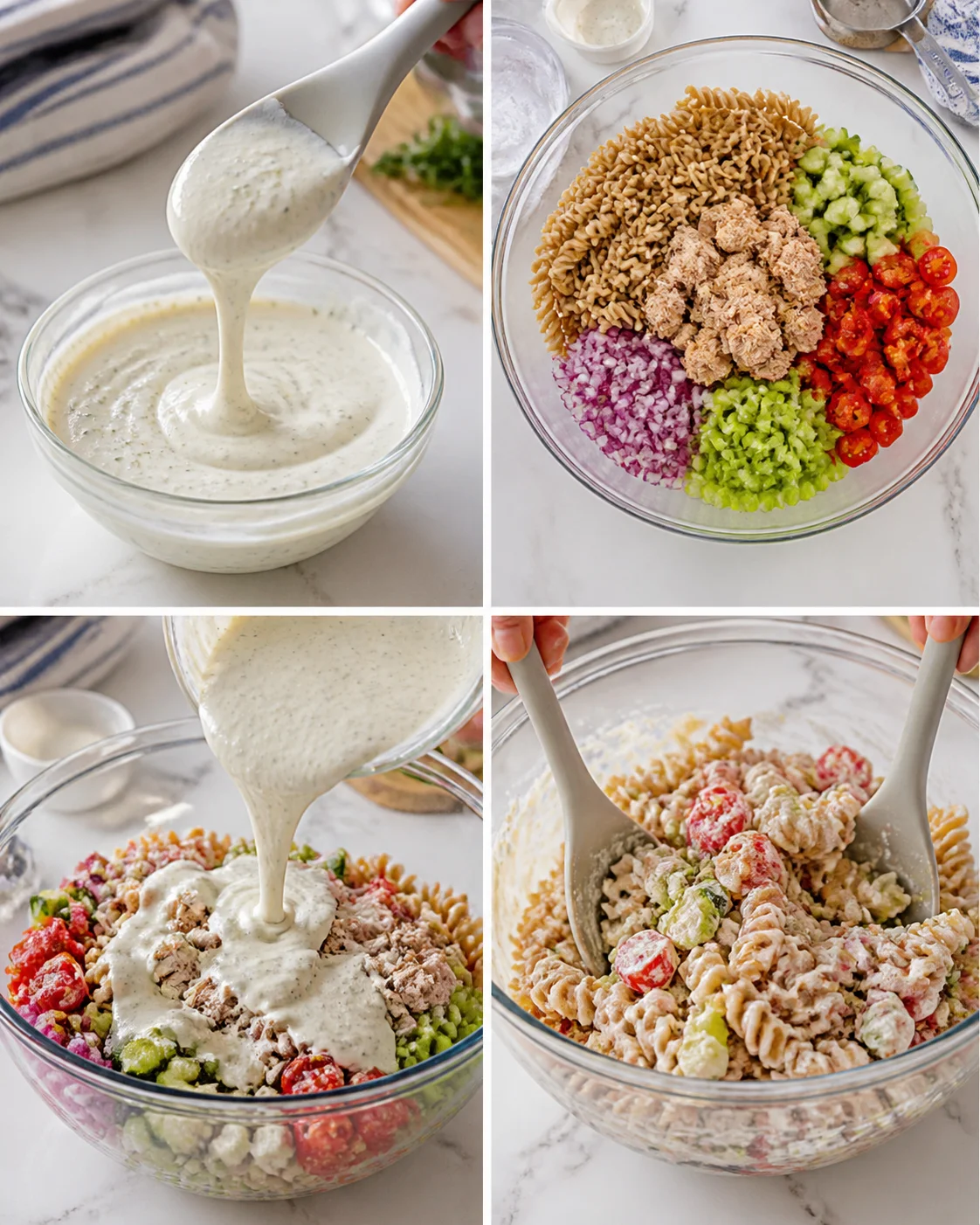 Collage showing dressing pouring and tossing a colorful pasta salad with tomatoes, onions, peas, and cucumbers.