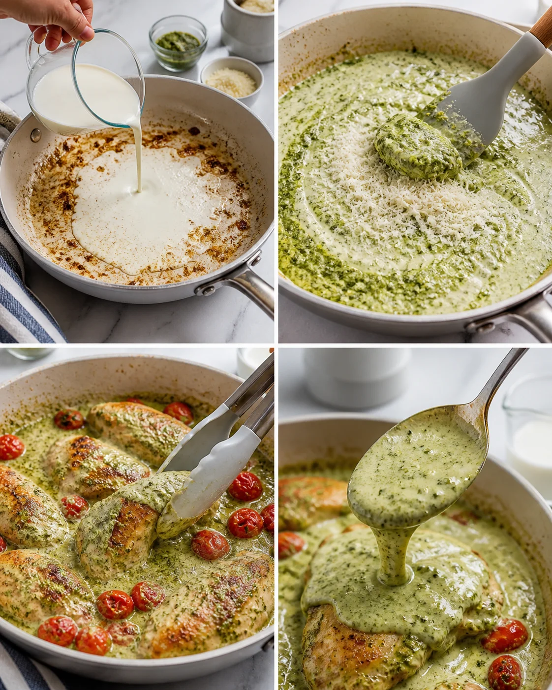 collage of four images showing chicken in creamy green pesto sauce with tomatoes