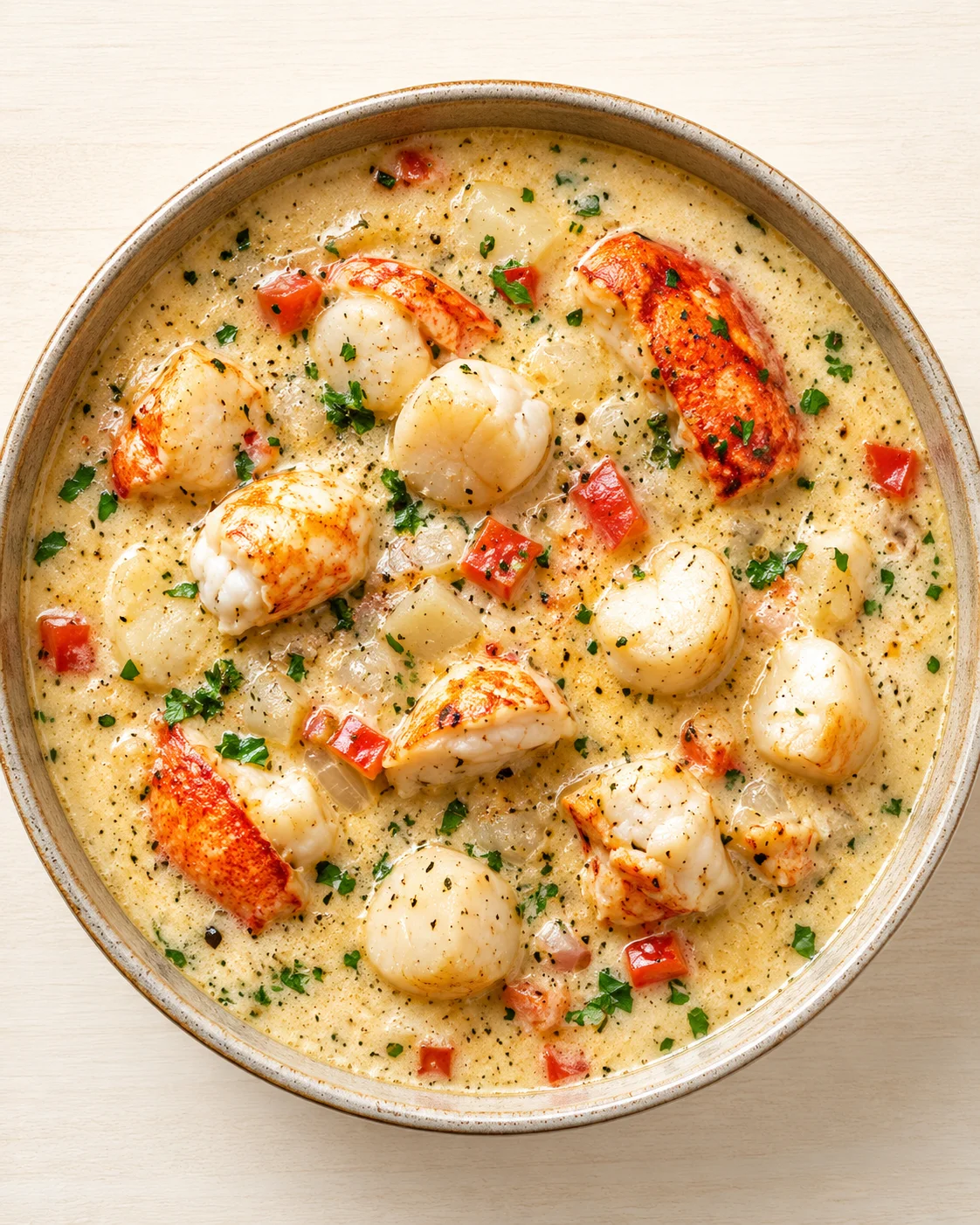 A round bowl of creamy seafood with scallops and lobster pieces, garnished with parsley.