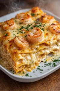 steaming, cheesy shrimp lasagna on a white plate, garnished with parsley.