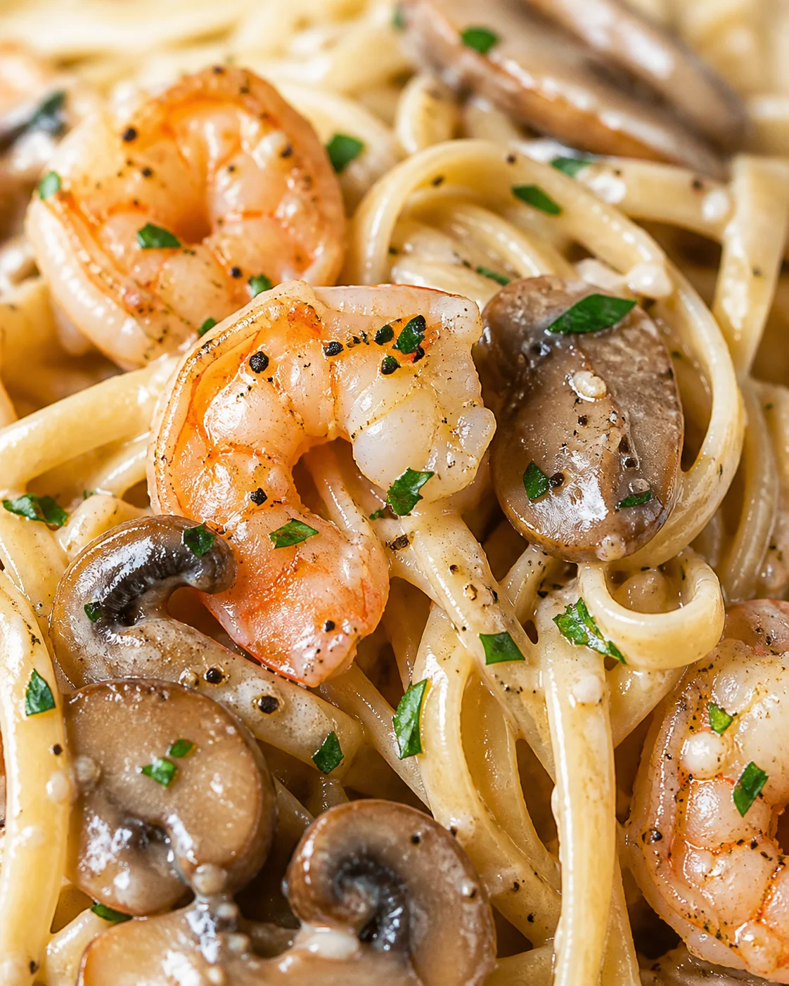 close-up of creamy shrimp pasta with mushrooms and parsley