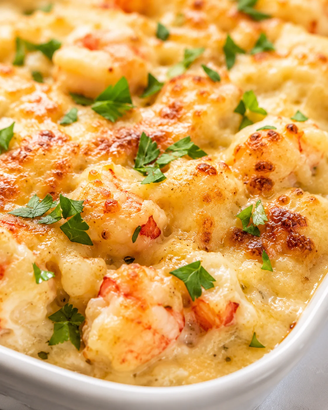 Close-up of creamy shrimp and potato gratin with parsley garnishes in a white baking dish.
