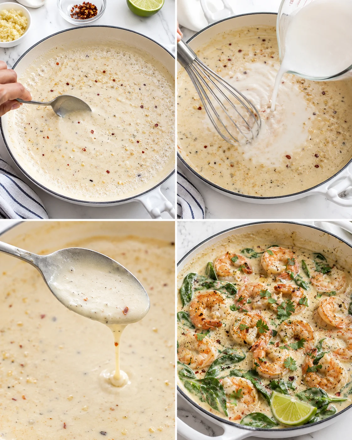 Collage showing a creamy shrimp sauce being prepared in a skillet with garlic, chili flakes, and lime.