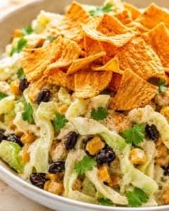 bowl of creamy salad with corn, black beans, lettuce, cilantro, and tortilla chips on top