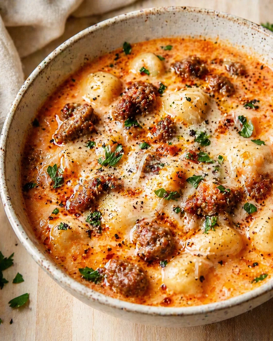 Baked meatballs and potato-dumplings in a creamy tomato sauce with melted cheese and parsley.