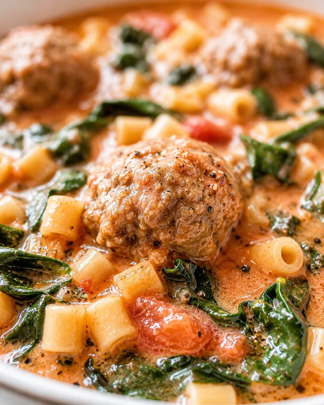 close-up of browned meatball in creamy tomato sauce with spinach, pasta, and potato cubes