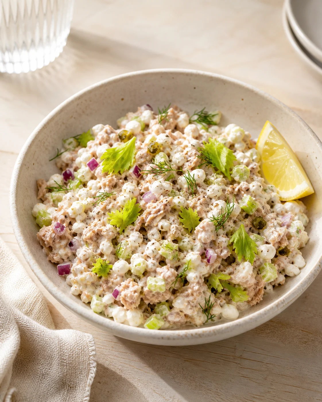 Creamy potato and tuna salad with diced celery and red onion, lemon wedge, and dill garnish in a ceramic bowl.