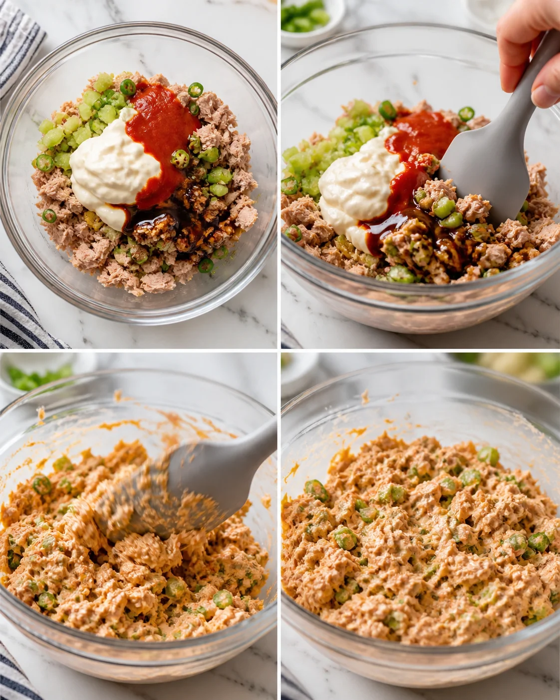Four-panel collage showing tuna salad ingredients, mixing, and final texture in a glass bowl.